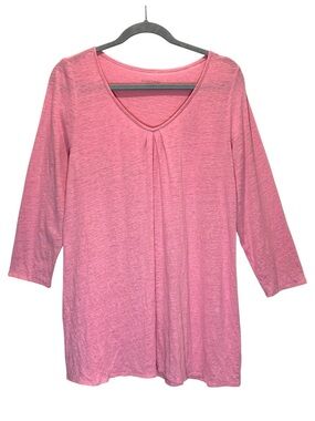 Eileen Fisher Pink Linen Knit Jersey V-Neck Pullover Top w/ 3/4 Sleeves - Large
